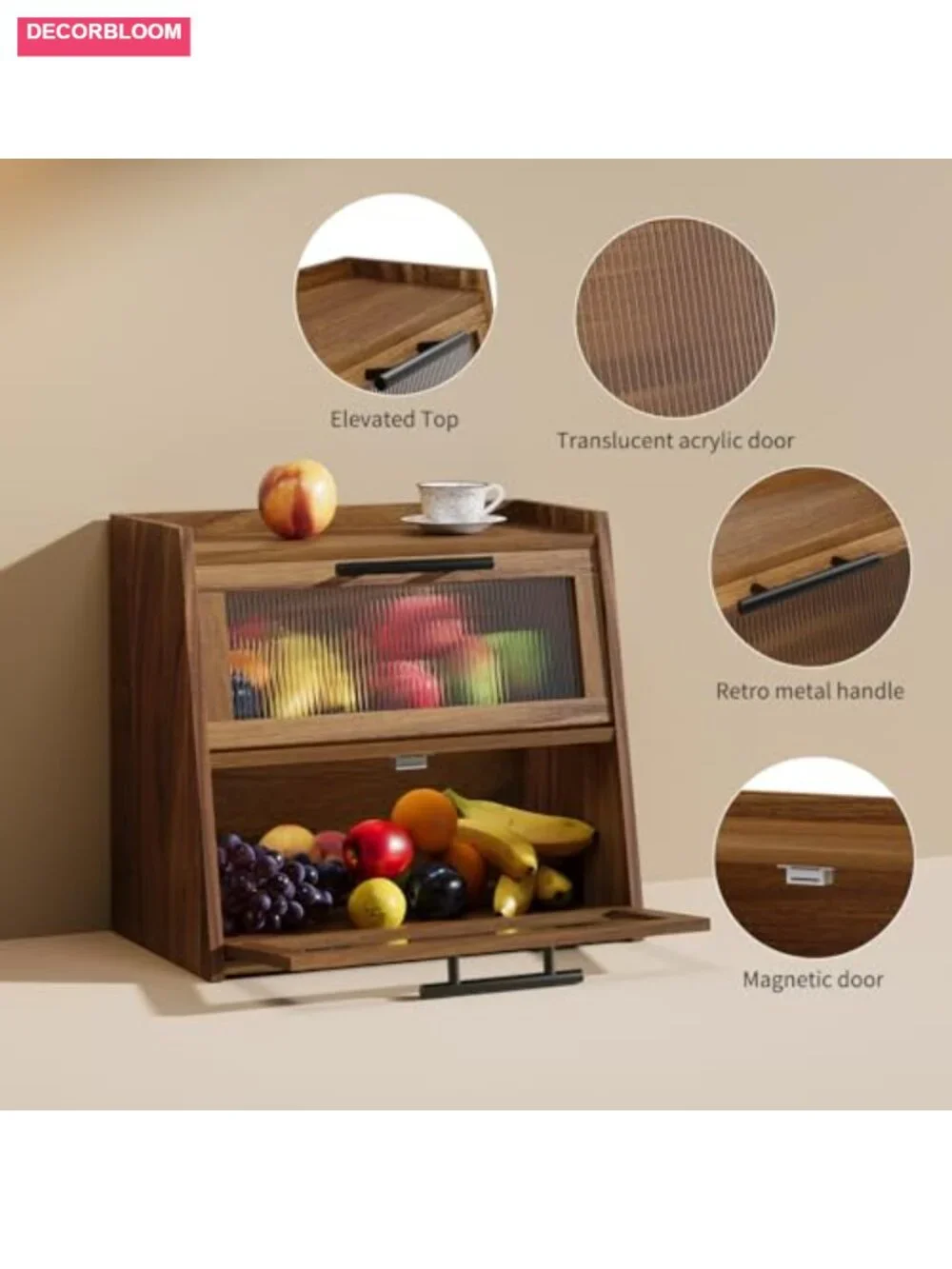 Acacia Wood Double Layer Bread Box with Bronze Handles and Fluted Acrylic Door